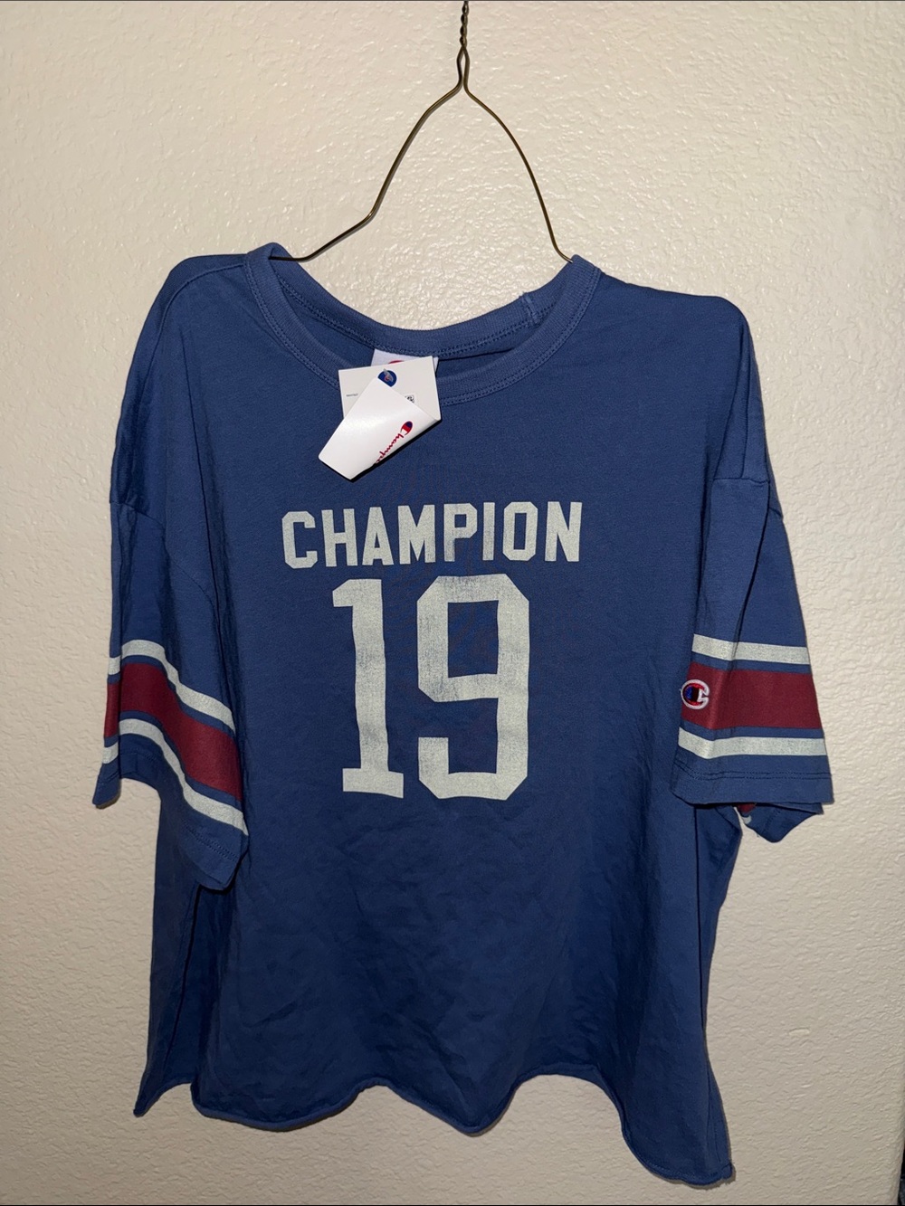 Champion Blue Short Sleeve Graphic Tee with Red Stripe Accents